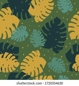 Simple monstera pattern. Green background, mustard, green and dark green leaves of monstera,dots. The print is well suited for textiles, Wallpaper and packaging.