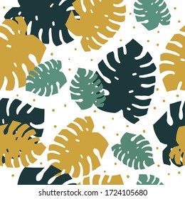 Simple monstera pattern. White background, green and mustard monstera leaves, dots. The print is well suited for textiles, Wallpaper and packaging.