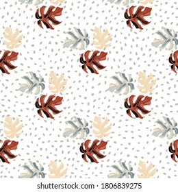 Simple monstera silhouettes seamless doodle pattern with red, blue and pink colored leafs. tropic ornament on white dotted background. For wallpaper, textile, wrapping, fabric. Vector illustration.
