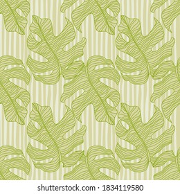 Simple monstera stylized print seamless pattern. Exotic palm foliage print with green outline ornament and grey striped background. For fabric design, textile print, wrapping. Vector illustration.
