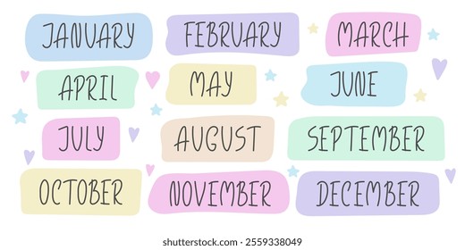 Simple month lettering in hand drawn doodle style. Modern Playful handwritten months of the year. Elements for calendar, planner, posters bullet journal, scrapbooking Kids Design