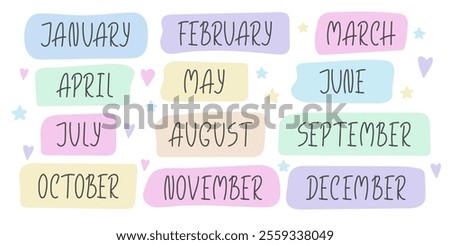 Simple month lettering in hand drawn doodle style. Modern Playful handwritten months of the year. Elements for calendar, planner, posters bullet journal, scrapbooking Kids Design
