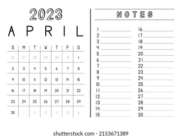 Simple Monthly Calendar April 2023