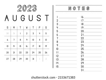 Simple Monthly Calendar August 2023