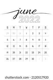 Simple Monthly Calendar June 2022
