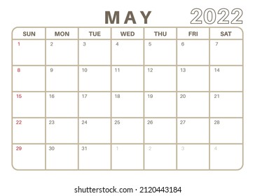 Simple Monthly Calendar May 2022