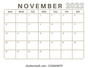 Simple Monthly Calendar November 2022