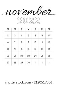 Simple Monthly Calendar November 2022