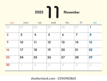 Simple monthly calendar - November 2025