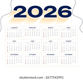 modelo de calendário de eventos mensal simples para o vetor de ano novo de 2026