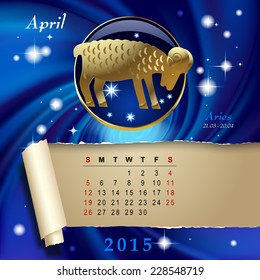 Einfache monatliche Seite 2015 Kalender mit goldenem zodiakalem Zeichen auf blauem Sternenhintergrund. Design der April-Monatsseite mit Aries Zahl. Vektorgrafik