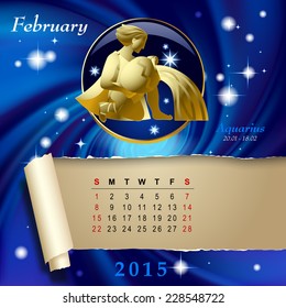 Einfache monatliche Seite 2015 Kalender mit goldenem zodiakalem Zeichen auf blauem Sternenhintergrund. Design des Monats Februar mit Aquarius Figur. Vektorgrafik