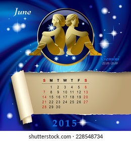 Einfache monatliche Seite 2015 Kalender mit goldenem zodiakalem Zeichen auf blauem Sternenhintergrund. Design der Juni-Monatsseite mit Gemini Figur. Vektorgrafik