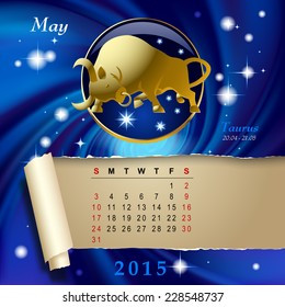 Simple monthly page of 2015 Calendar with gold zodiacal sign against the blue star space background. Design of May month page with Taurus figure. Vector illustration