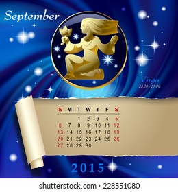 Simple monthly page of 2015 Calendar with gold zodiacal sign against the blue star space background. Design of September month page with Virgo figure. Vector illustration