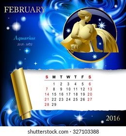 Simple monthly page of 2016 Calendar with gold zodiacal sign against the blue star space background. Design of February month page with Aquarius figure.
Vector illustration