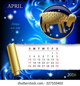 Simple monthly page of 2016 Calendar with gold zodiacal sign against the blue star space background. Design of April month page with Aries figure.
Vector illustration