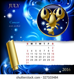 Simple monthly page of 2016 Calendar with gold zodiacal sign against the blue star space background. Design of July month page with Cancer figure.
Vector illustration