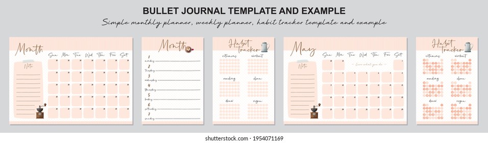 Simple monthly planner, weekly planner, habit tracker template and example.  Template for agenda, schedule, planners, checklists, bullet journal, notebook and other stationery.