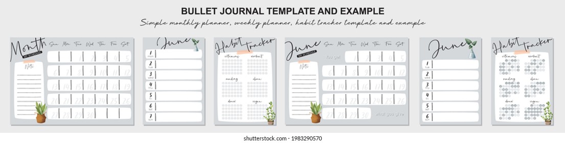 Einfache Monatsplaner, Wochenplaner, Gewohnheitstracker-Vorlage und Beispiel.  Vorlage für Tagesordnung, Zeitplan, Planer, Checklisten, Bullet Journal, Notizbuch und andere Schreibwaren.