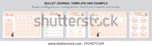 Simple
monthly planner, weekly planner, habit tracker template and
example.  Template for agenda, schedule, planners, checklists,
bullet journal, notebook and other
stationery.