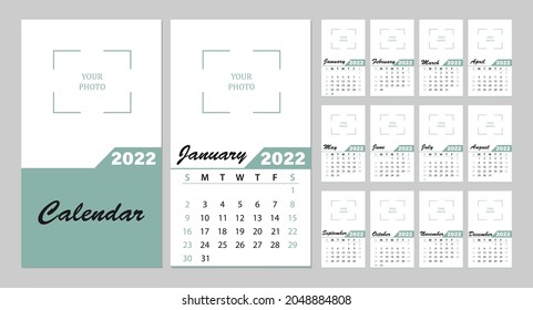 A simple monthly vertical wall layout of the photo calendar for 2022 in English. Calendar covers, templates for 12 months. The week starts on Sunday. Vector illustration