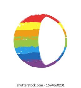 Simple moon, astronomy logo. Drawing sign with LGBT style, seven colors of rainbow (red, orange, yellow, green, blue, indigo, violet