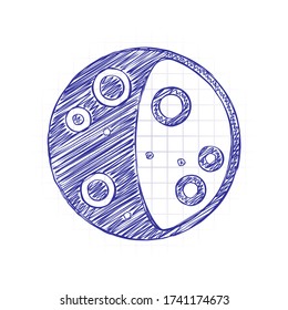 Luna simple, logo astronómico. Imagen dibujada a mano con relleno de garrapatas. Tinta azul. Doodle sobre fondo blanco