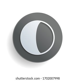 Simple moon, astronomy logo. White paper symbol on gray round button or badge with shadow
