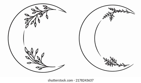 Simple moon with bushes. Minimalistic vector art with flowers.