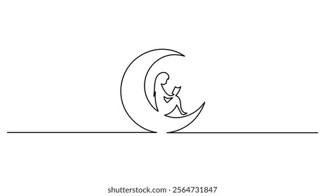 Simple Moon is in continuous line drawing style, with a line art moon icon. Vector illustration