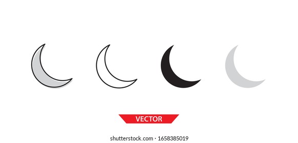 Simple moon icon on white background 4 types such as outline, black, color, outline and color. Vector illustration.