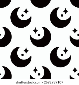 Simple moon star hand drawn Halloween seamless pattern on white background. Vector wallpaper illustration repeat design for fabric print, sticker, cover, wrapping.