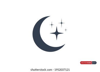 Simple Moon Star Icon. Crescent and Sparkle Stars isolated on White Background. Flat Vector Icon Design Template Elements.