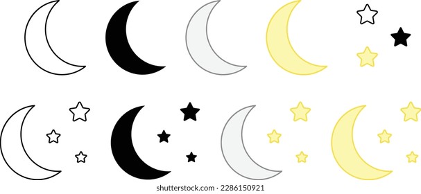 Simple Moon and Stars Clipart Set - Outline, Silhouette and Color