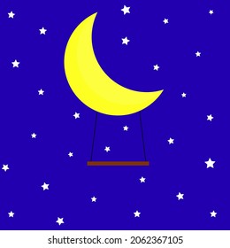 Simple moon with swing hanging on it with shining stars around at night, vector illustration.