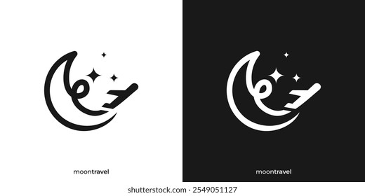 Simple Moon Travel Logo. Moon, Crescent Airplane Flight Airline Aircraft Aviation Logo Design Template.