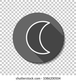 Simple moon. Weather symbol. Linear icon with thin outline. White flat icon with long shadow in circle on transparent background. Badge or sticker style