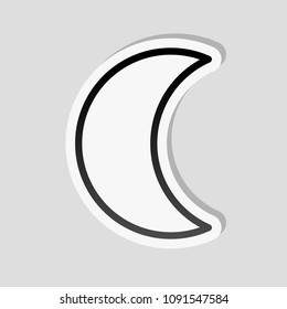 Simple moon. Weather symbol. Linear icon with thin outline. Sticker style with white border and simple shadow on gray background