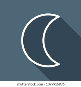Simple moon. Weather symbol. Linear icon with thin outline. White flat icon with long shadow on background