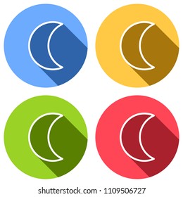 Simple moon. Weather symbol. Linear icon with thin outline. Set of white icons with long shadow on blue, orange, green and red colored circles. Sticker style