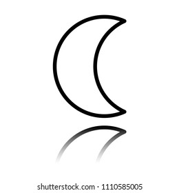 Simple moon. Weather symbol. Linear icon with thin outline. Black icon with mirror reflection on white background