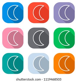 Simple moon. Weather symbol. Linear icon with thin outline. Set of white icons on colored squares for applications. Seamless and pattern for poster