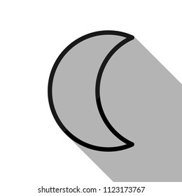 Simple moon. Weather symbol. Linear icon with thin outline. Black object with long shadow on white background