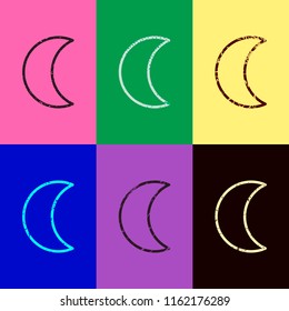 Simple moon. Weather symbol. Linear icon with thin outline. Pop art style. Scratched icons on 6 colour backgrounds. 