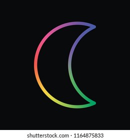 Simple moon. Weather symbol. Linear icon with thin outline. Rainbow color and dark background