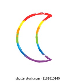 Simple moon. Weather symbol. Linear icon with thin outline. Drawing sign with LGBT style, seven colors of rainbow (red, orange, yellow, green, blue, indigo, violet