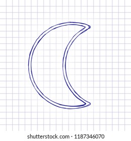Simple moon. Weather symbol. Linear icon with thin outline. Hand drawn picture on paper sheet. Blue ink, outline sketch style. Doodle on checkered background