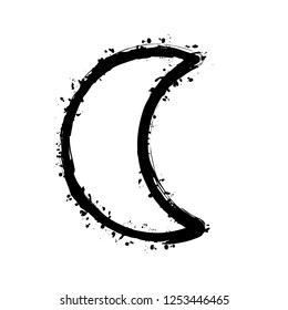 Simple moon. Weather symbol. Linear icon with thin outline. Black ink with splashes on white background