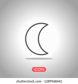 Simple moon. Weather symbol. Linear icon with thin outline. Icon under spotlight. Gray background